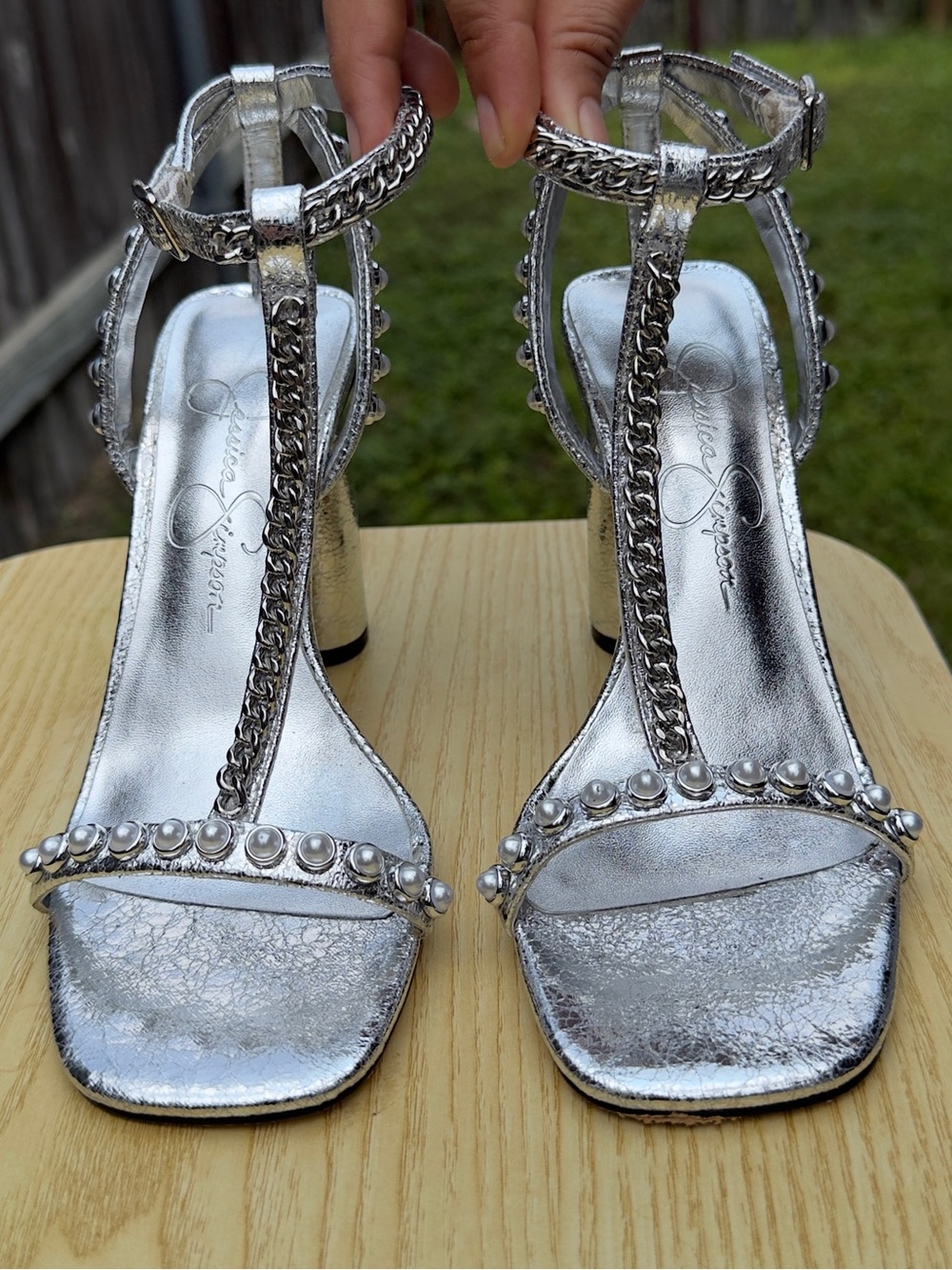 Jessica Simpson Silver Chain & Pearl T-Strap Block Heel Sandals